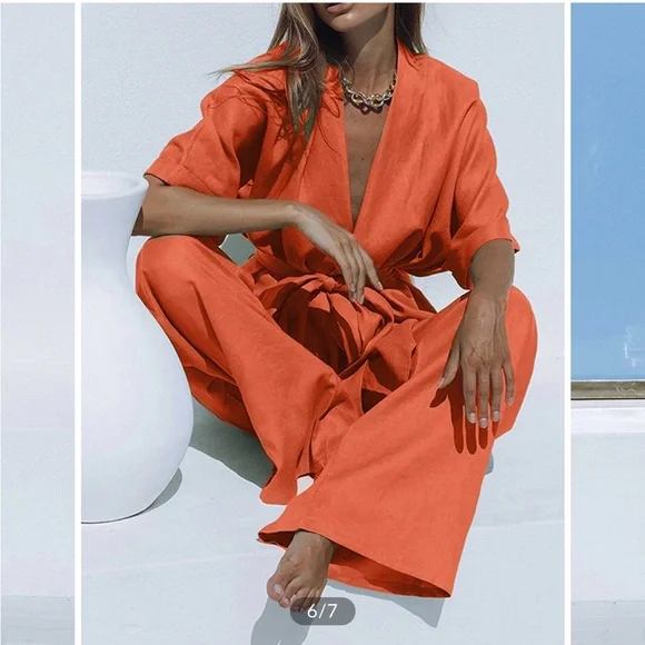 Commense Oversized Linen Tied Two Piece Pants Set - Picture 1 of 8